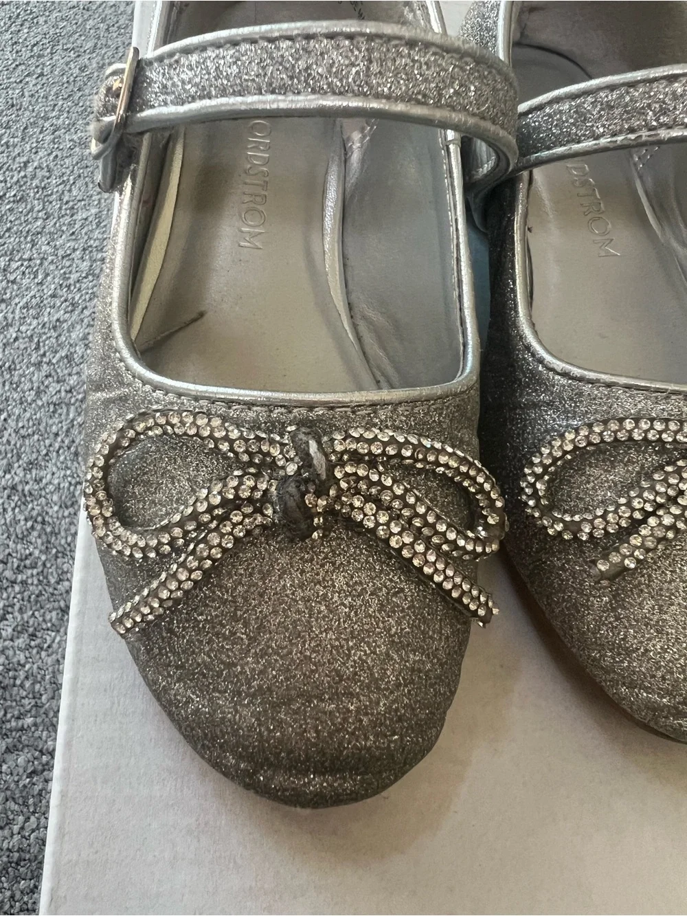 Nordstrom Silver Glitter Mary Jane Shoes with Crystal Bow